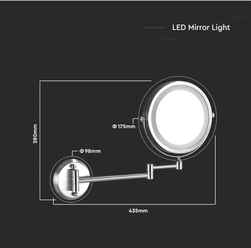 V-TAC VT-7571 SPECCHIO BIFACCIALE CON LUCE LED 3W INGRANDIMENTO 1X - 3X ORIENTABILE COLORE SATINATO - SKU 6628