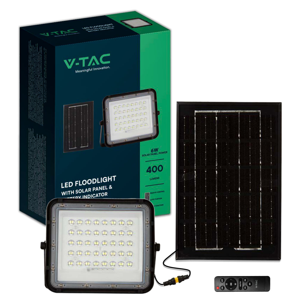 V-TAC VT-40W FARO LED FLOODLIGHT 6W IP65 COLORE NERO CON PANNELLO SOLARE E TELECOMANDO - SKU 7822 / 7821