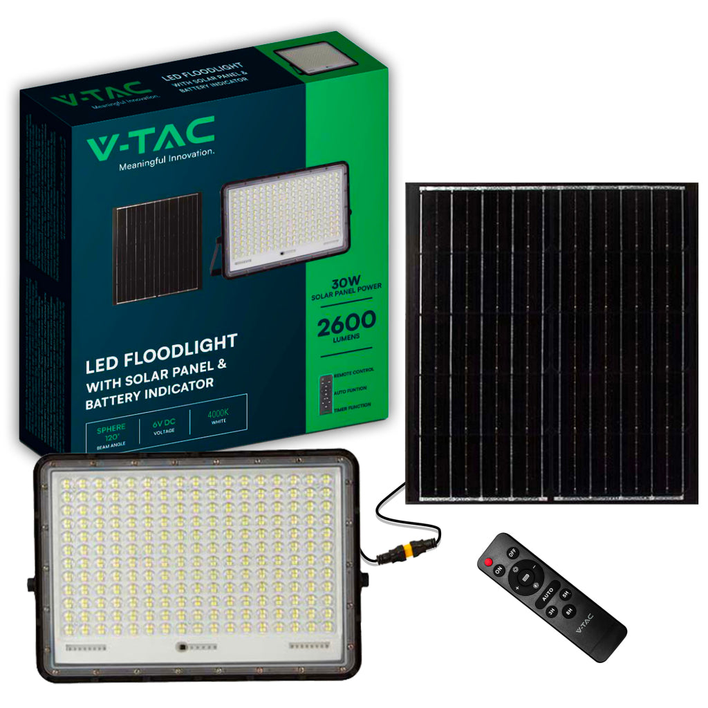 V-TAC VT-240W FARO LED FLOODLIGHT 30W IP65 COLORE NERO CON PANNELLO SOLARE E TELECOMANDO - SKU 7830 / 7829