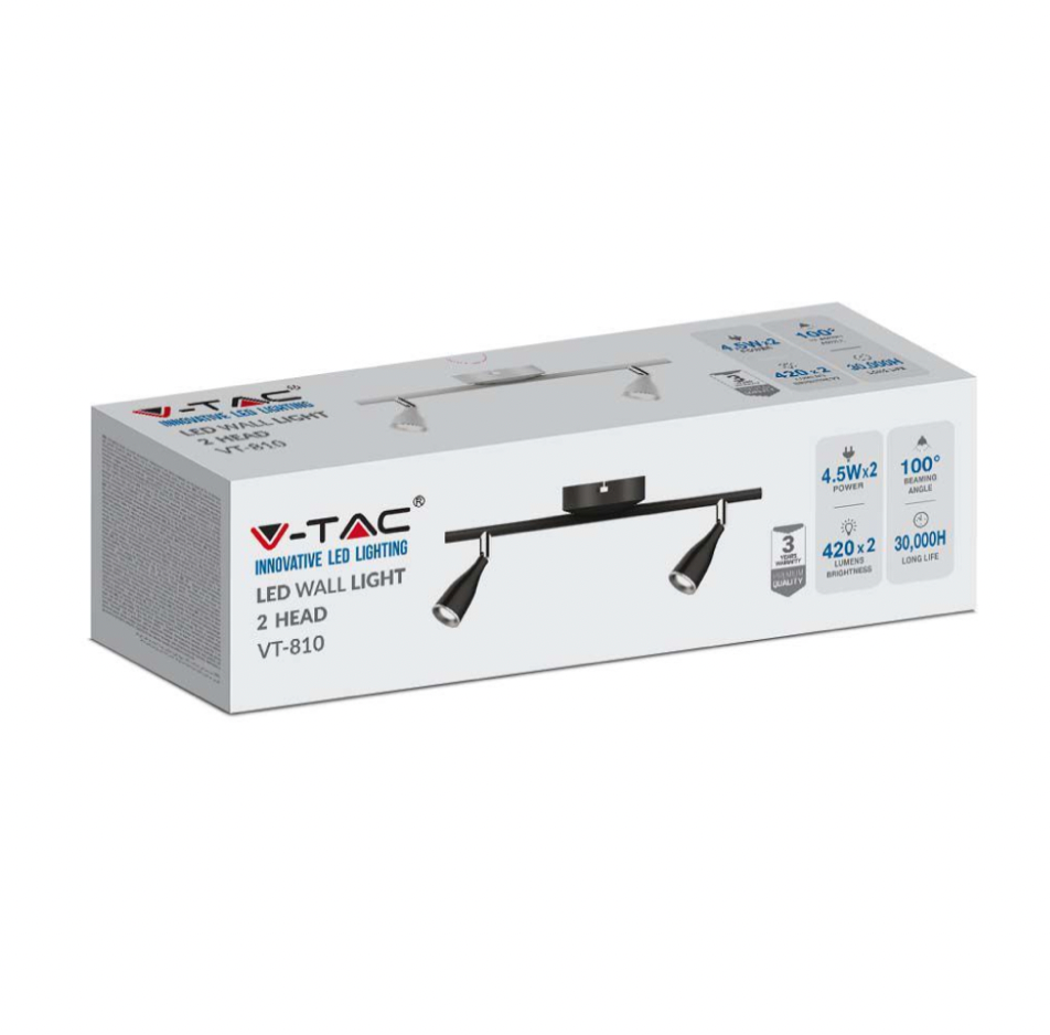 V-TAC VT-810 LAMPADA LED DA PARETE 9W SMD WALL LIGHT COLORE BIANCO APPLIQUE CON TESTE ORIENTABILI - SKU 218266