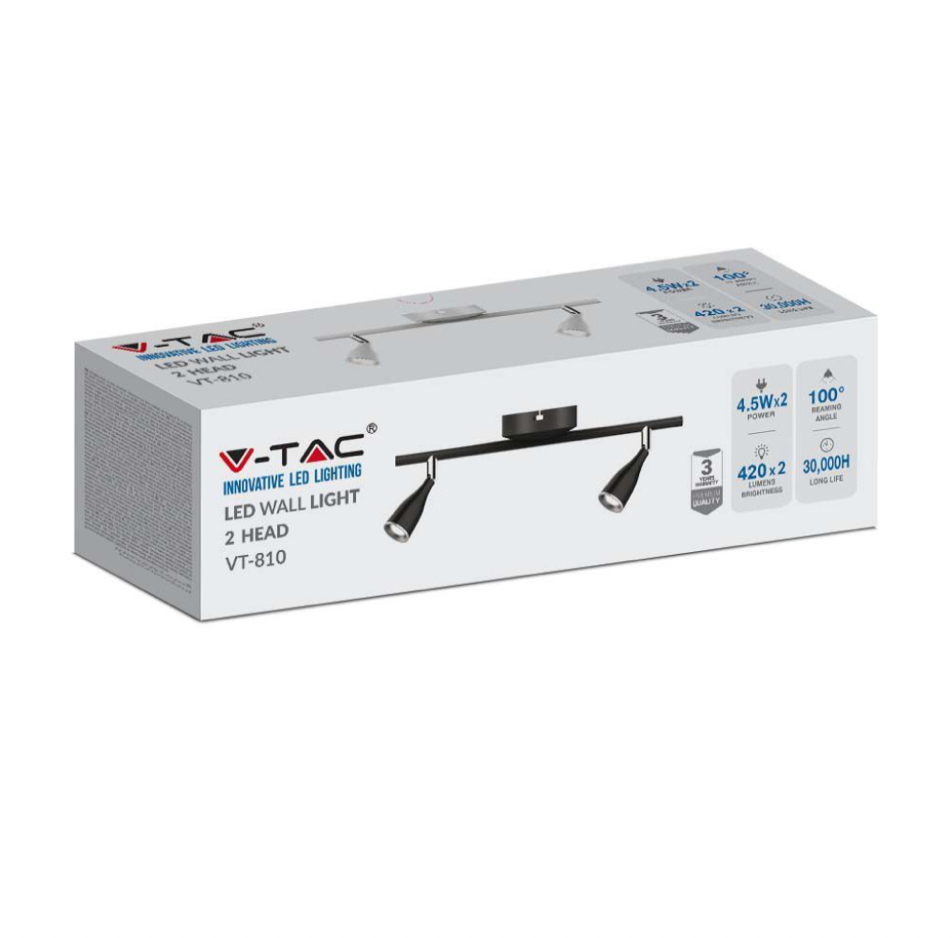 V-TAC VT-810 LAMPADA LED DA PARETE 9W SMD WALL LIGHT COLORE NERO APPLIQUE CON TESTE ORIENTABILI - SKU 218269