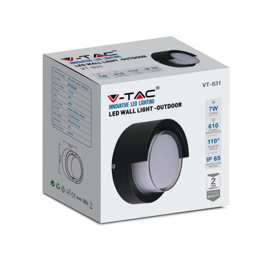 V-TAC VT-831 LAMPADA LED DA MURO 7W WALL LIGHT SMD APPLIQUE IP65 COLORE NERO FORMA ROTONDA - SKU 218609