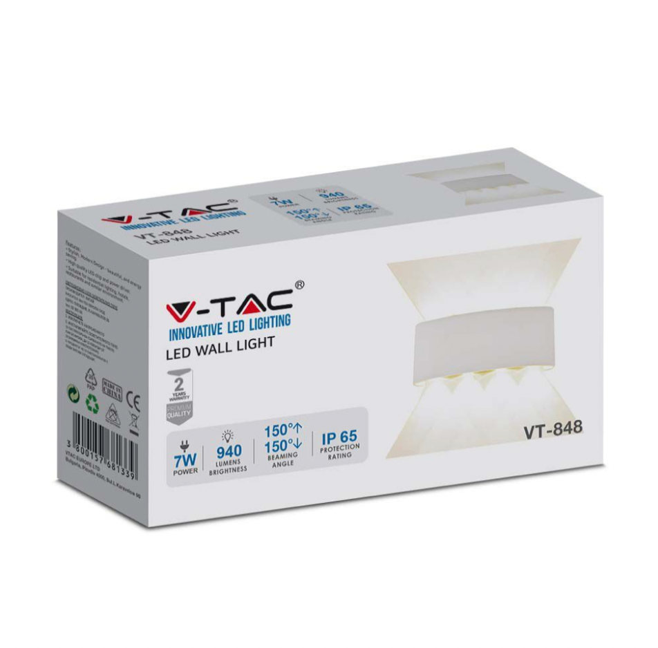V-TAC VT-848 LAMPADA LED DA MURO 7W WALL LIGHT BIANCA APPLIQUE CON 8 LED SMD IP65 - SKU 218617 / 218618