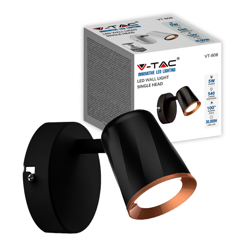 V-TAC VT-806 LAMPADA LED DA PARETE 5W SMD APPLIQUE ORIENTABILE COLORE NERO - SKU 218251 / 218253