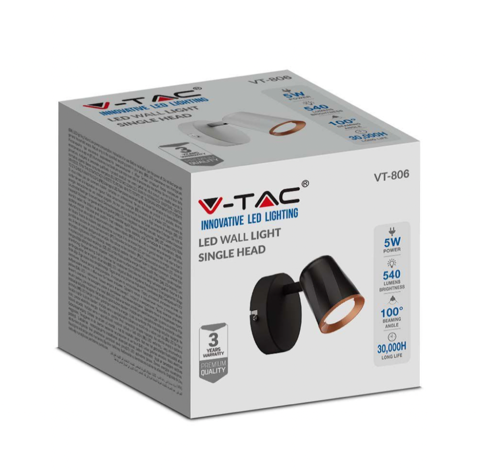 V-TAC VT-806 LAMPADA LED DA PARETE 5W SMD APPLIQUE ORIENTABILE COLORE NERO - SKU 218251 / 218253