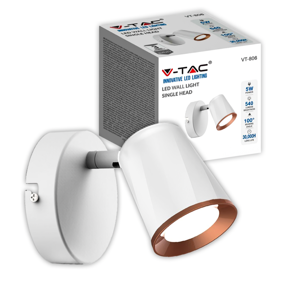 V-TAC VT-806 LAMPADA LED DA PARETE 5W SMD APPLIQUE ORIENTABILE COLORE BIANCO - SKU 218250 / 218252