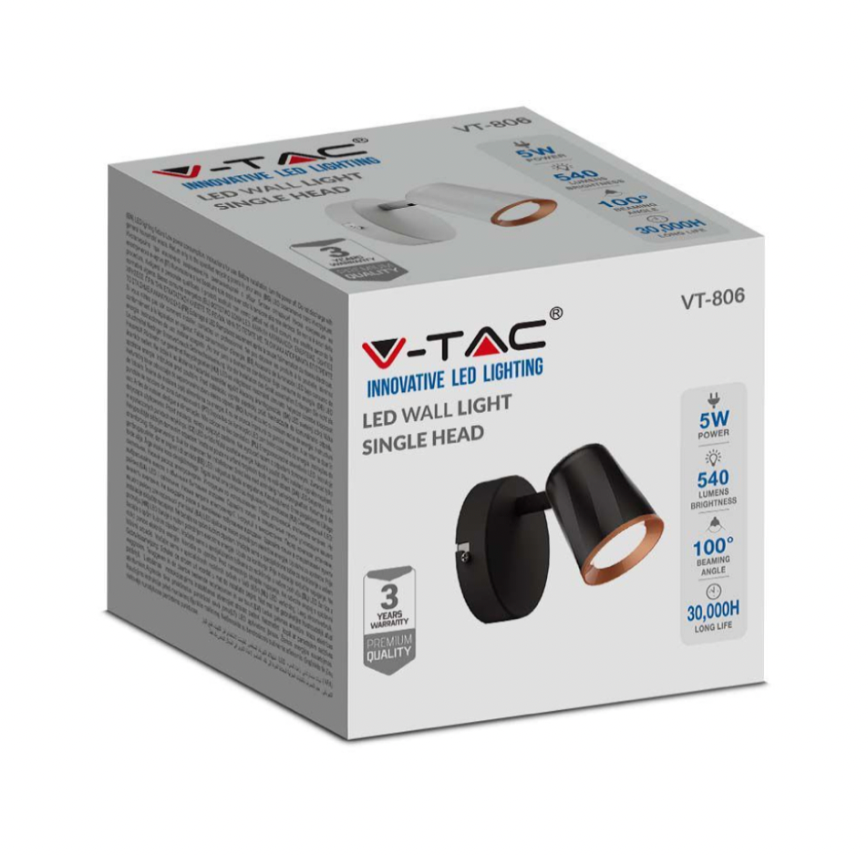 V-TAC VT-806 LAMPADA LED DA PARETE 5W SMD APPLIQUE ORIENTABILE COLORE BIANCO - SKU 218250 / 218252