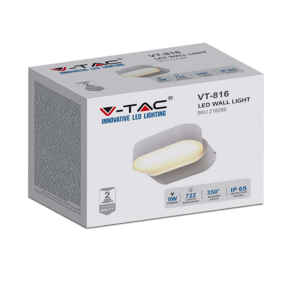 V-TAC VT-816 LAMPADA LED DA MURO RUOTABILE 5W WALL LIGHT IP65 APPLIQUE COLORE BIANCO - SKU 218286 / 218287
