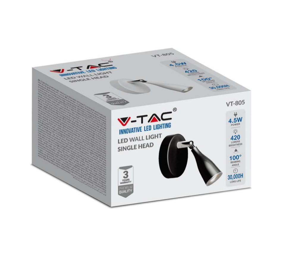 V-TAC VT-805 LAMPADA LED DA PARETE 4.5W SMD WALL LIGHT COLORE NERO APPLIQUE CON TESTA ORIENTABILE - SKU 218263 / 218265