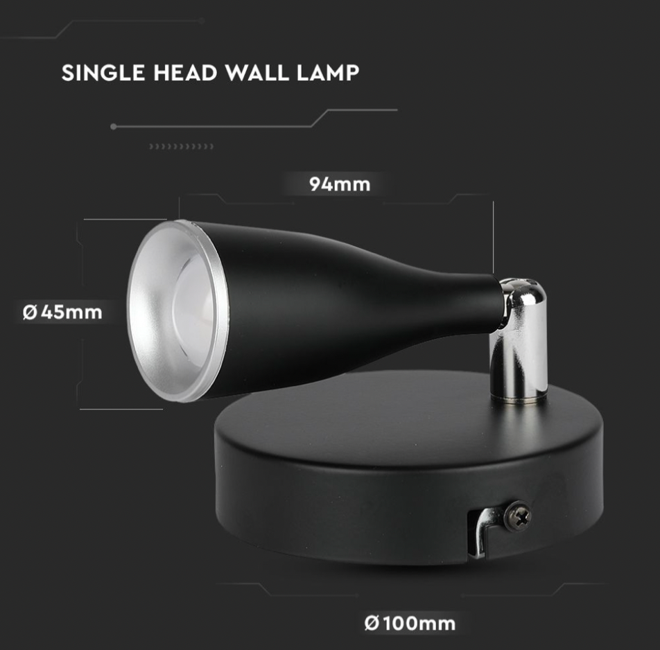 V-TAC VT-805 LAMPADA LED DA PARETE 4.5W SMD WALL LIGHT COLORE NERO APPLIQUE CON TESTA ORIENTABILE - SKU 218263 / 218265