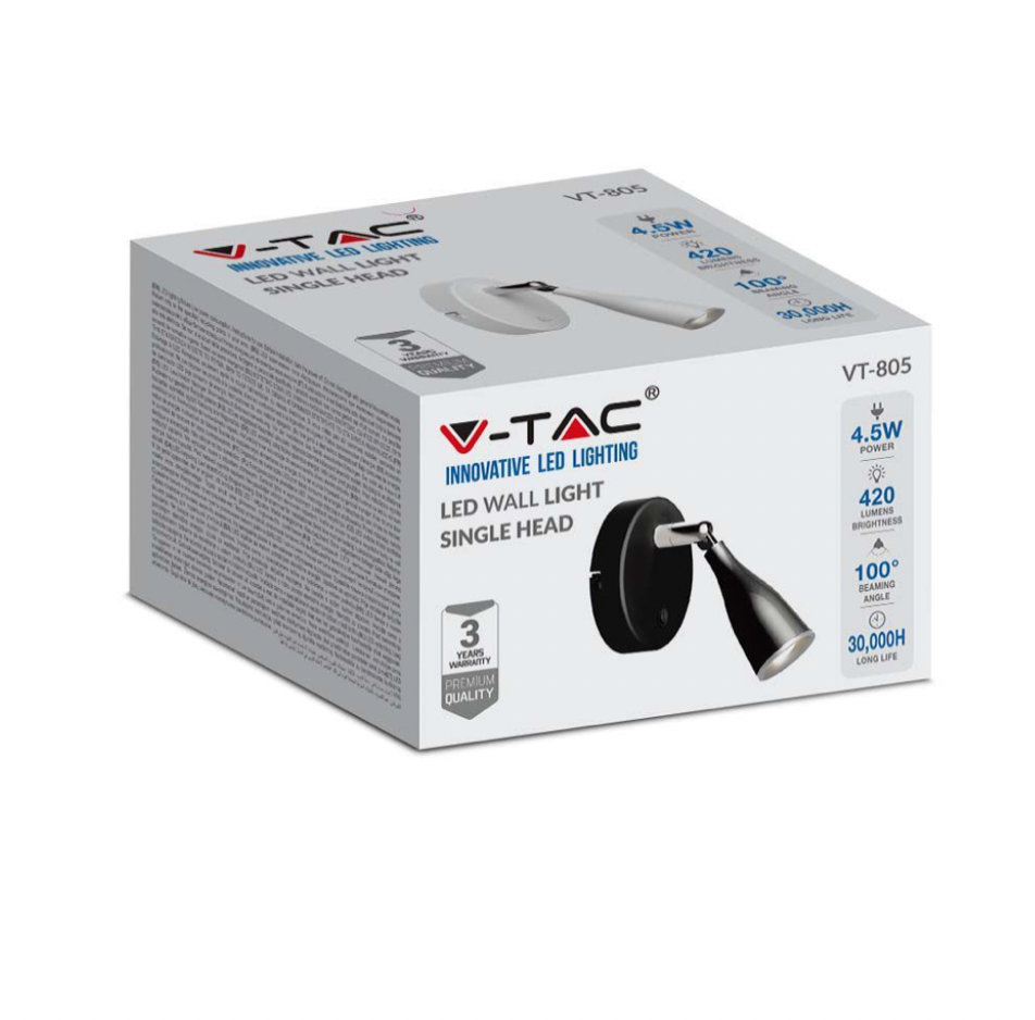 V-TAC VT-805 LAMPADA LED DA PARETE 4.5W SMD WALL LIGHT COLORE BIANCO APPLIQUE CON TESTA ORIENTABILE - SKU 218675 / 218677