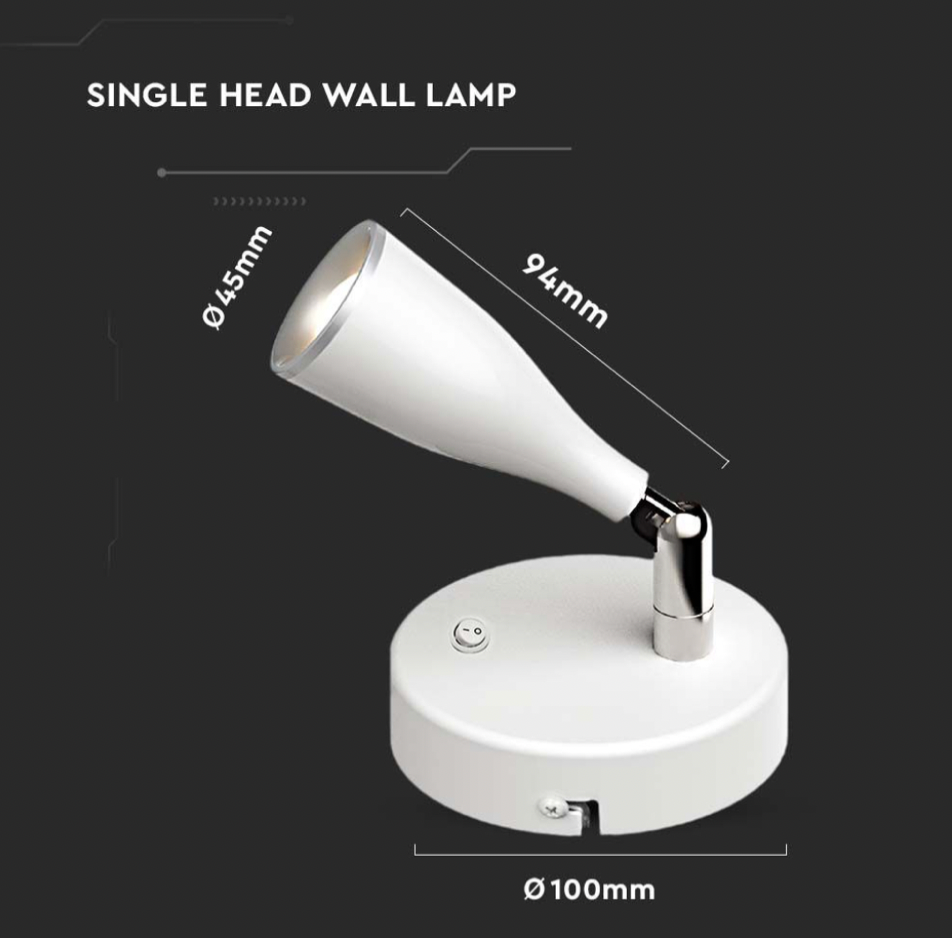 V-TAC VT-805 LAMPADA LED DA PARETE 4.5W SMD WALL LIGHT COLORE BIANCO APPLIQUE CON TESTA ORIENTABILE - SKU 218675 / 218677
