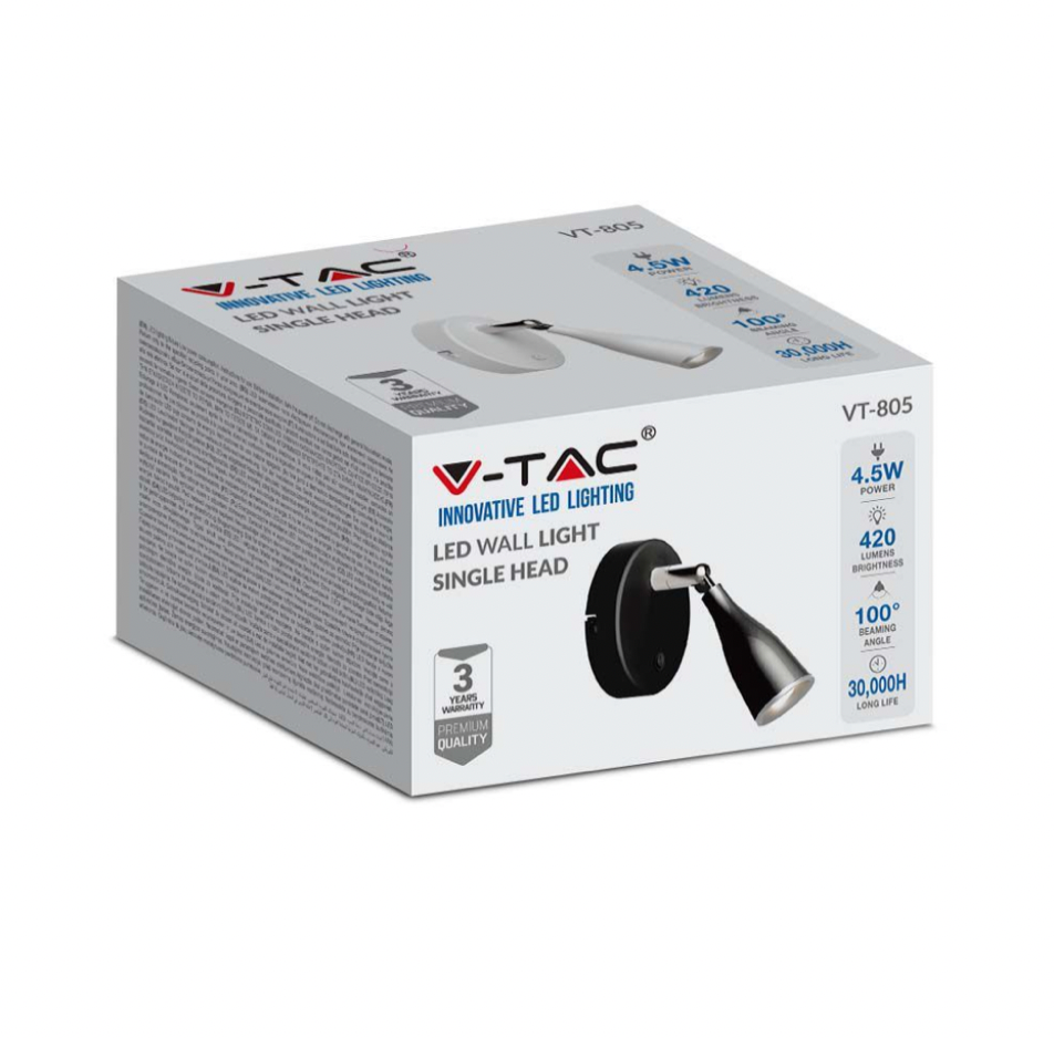 V-TAC VT-805 LAMPADA LED DA PARETE 4.5W SMD WALL LIGHT COLORE NERO APPLIQUE CON TESTA ORIENTABILE - SKU 218676 / 218678