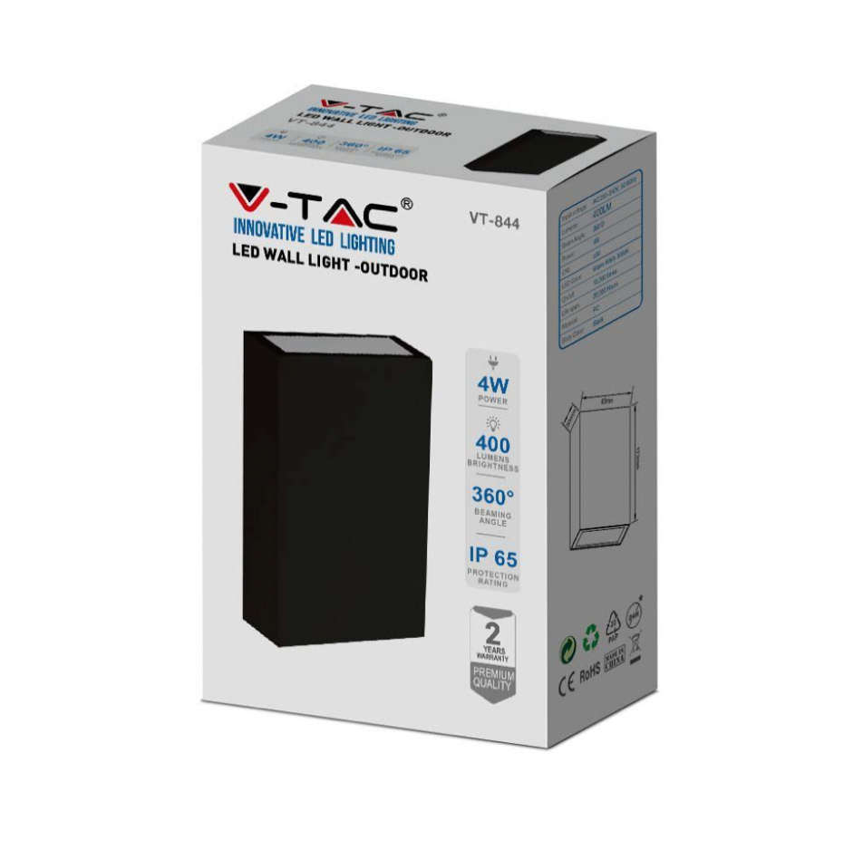 V-TAC VT-844 LAMPADA LED DA MURO 4W WALL LIGHT SMD APPLIQUE IP65 COLORE NERO - SKU 218561 / 218563
