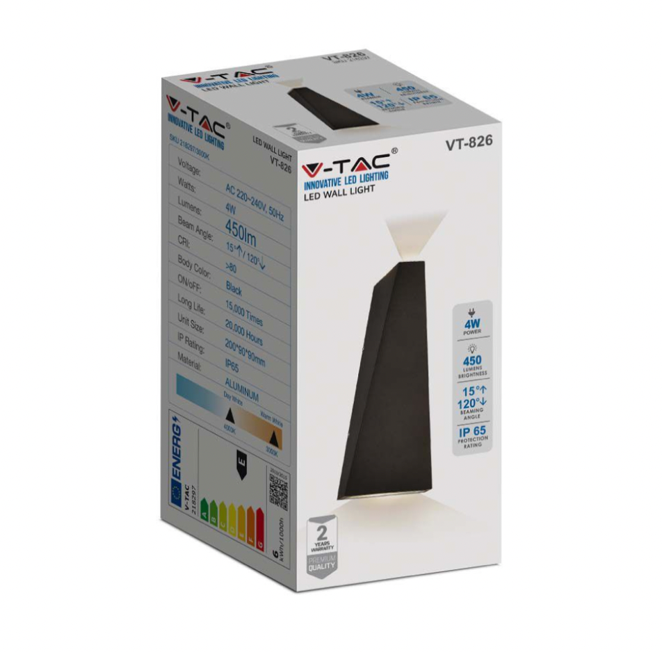 V-TAC VT-826 LAMPADA LED DA MURO 4W WALL LIGHT SMD APPLIQUE IP65 COLORE NERO - SKU 218297 / 218298