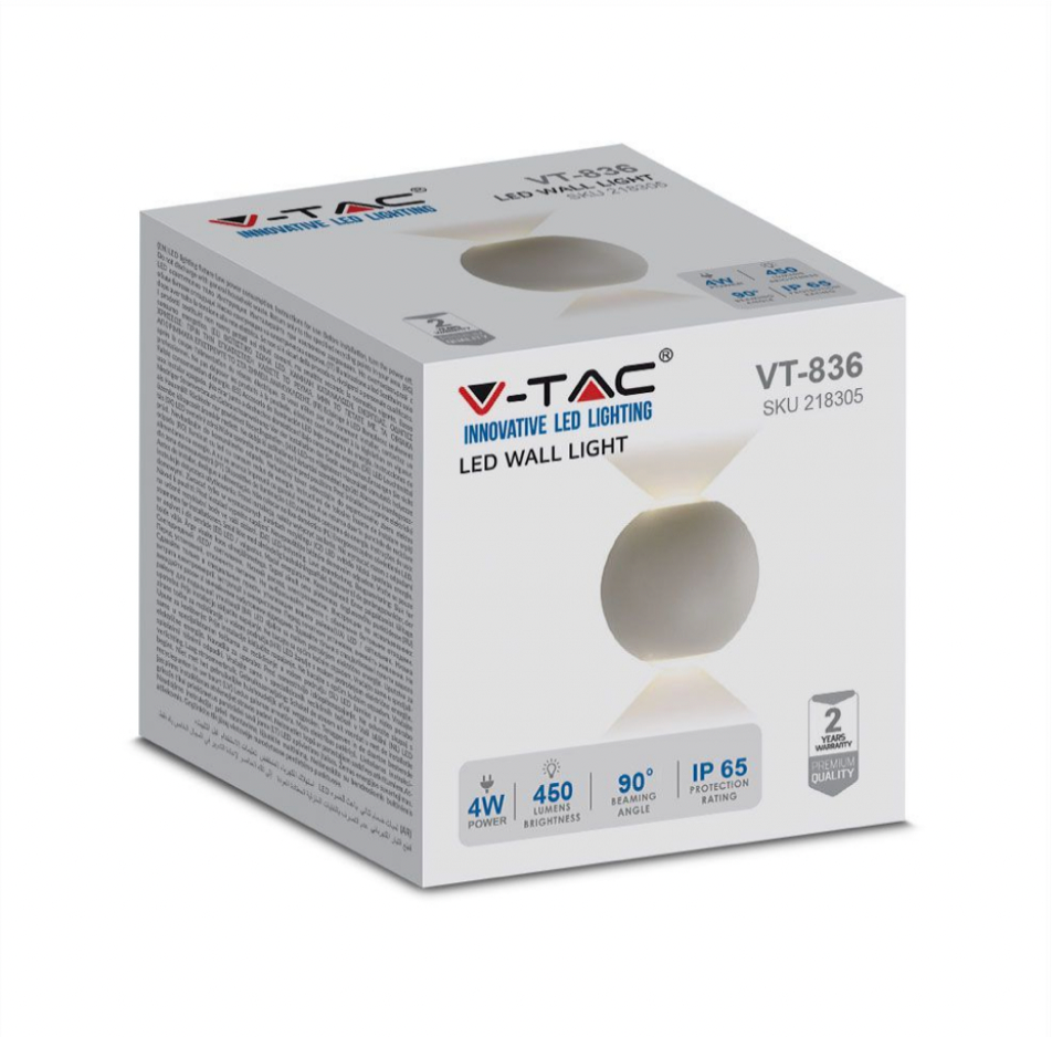 V-TAC VT-836 LAMPADA LED DA MURO 4W WALL LIGHT IP65 APPLIQUE CON 2 LED SMD FORMA ROTONDA COLORE GRIGIO - SKU 218305 / 218306