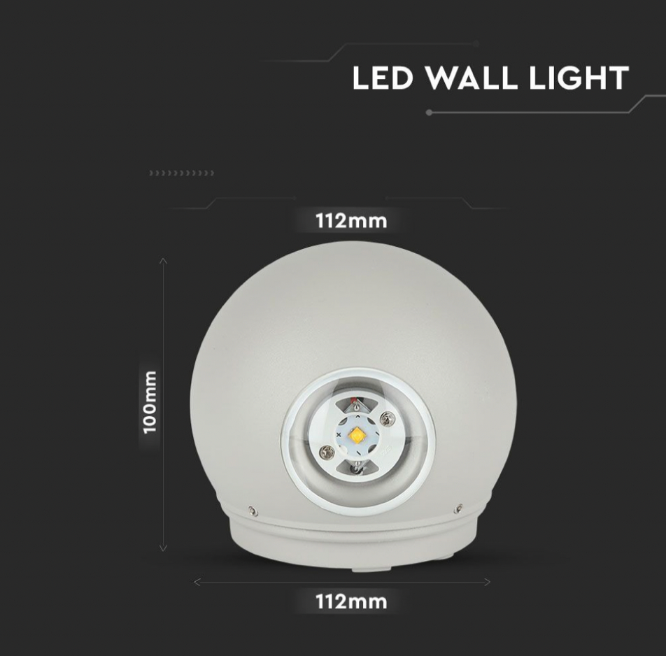 V-TAC VT-836 LAMPADA LED DA MURO 4W WALL LIGHT IP65 APPLIQUE CON 2 LED SMD FORMA ROTONDA COLORE GRIGIO - SKU 218305 / 218306