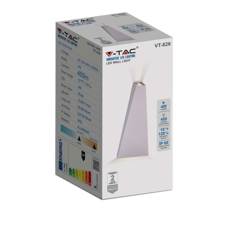 V-TAC VT-826 LAMPADA LED DA MURO 4W WALL LIGHT SMD APPLIQUE IP65 COLORE BIANCO - SKU 218295 / 218296