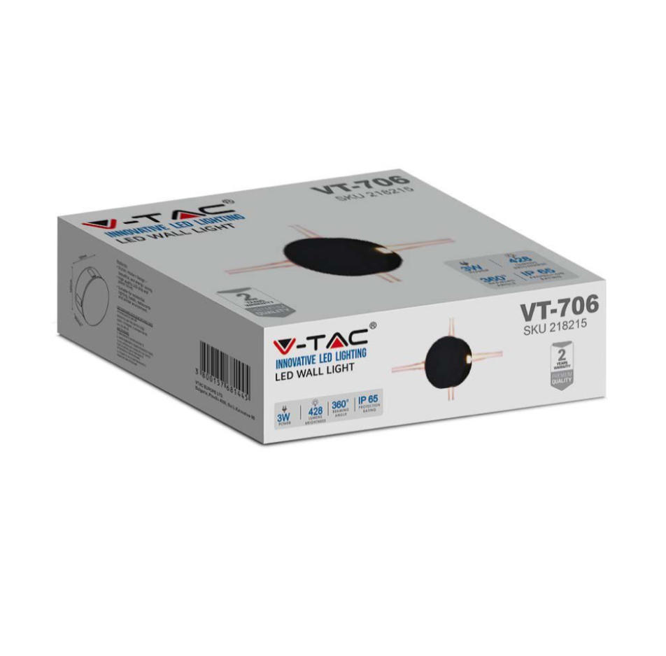 V-TAC VT-706 LAMPADA LED DA MURO 3W WALL LIGHT IP65 APPLIQUE CON 4 LED FORMA ROTONDA COLORE NERO - SKU 218215