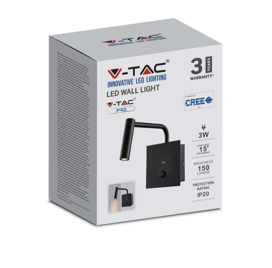 V-TAC VT-2943 LAMPADA LED DA MURO 3W COB CREE CON PORTA USB COLORE NERO - SKU 211487