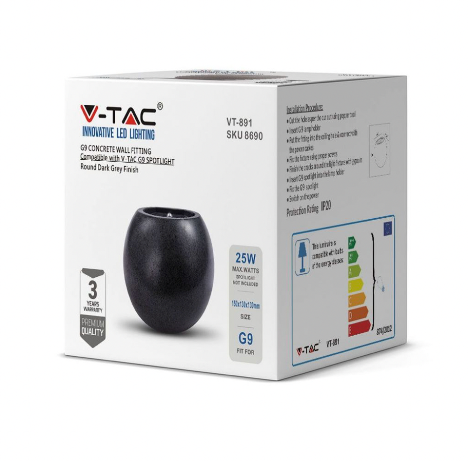 V-TAC VT-891 APPLIQUE PORTALAMPADA ROTONDO DA MURO CONCRETE WALL FITTING GRIGIO SCURO PER LAMPADINE G9 - SKU 8690