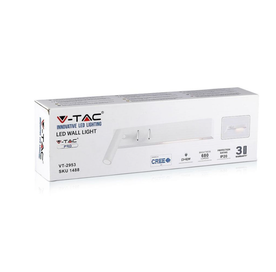 V-TAC VT-2953 LAMPADA LED DA PARETE DOPPIA SORGENTE 3W + 6W LED COB CREE APPLIQUE ORIENTABILE COLORE BIANCO - SKU 211488