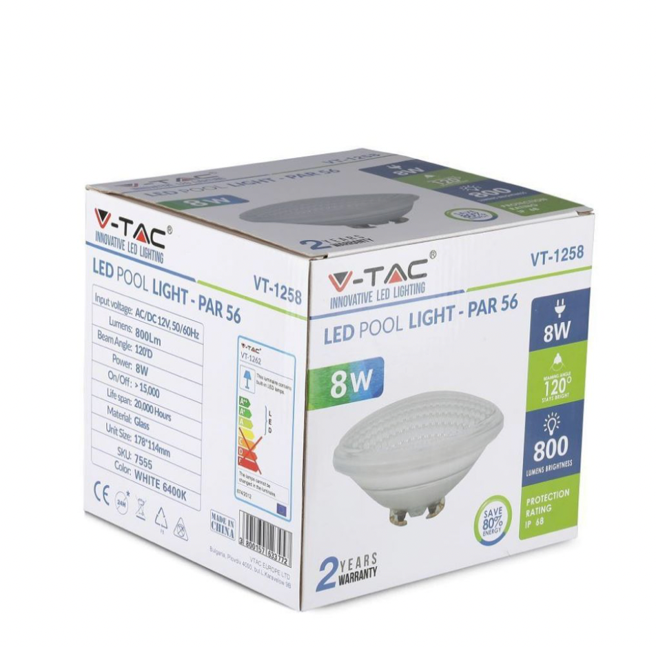 V-TAC VT-1258 LAMPADA LED DA PISCINA PAR56 8W IP68 12V ATTACCO A VITE - SKU 7556 / 7555